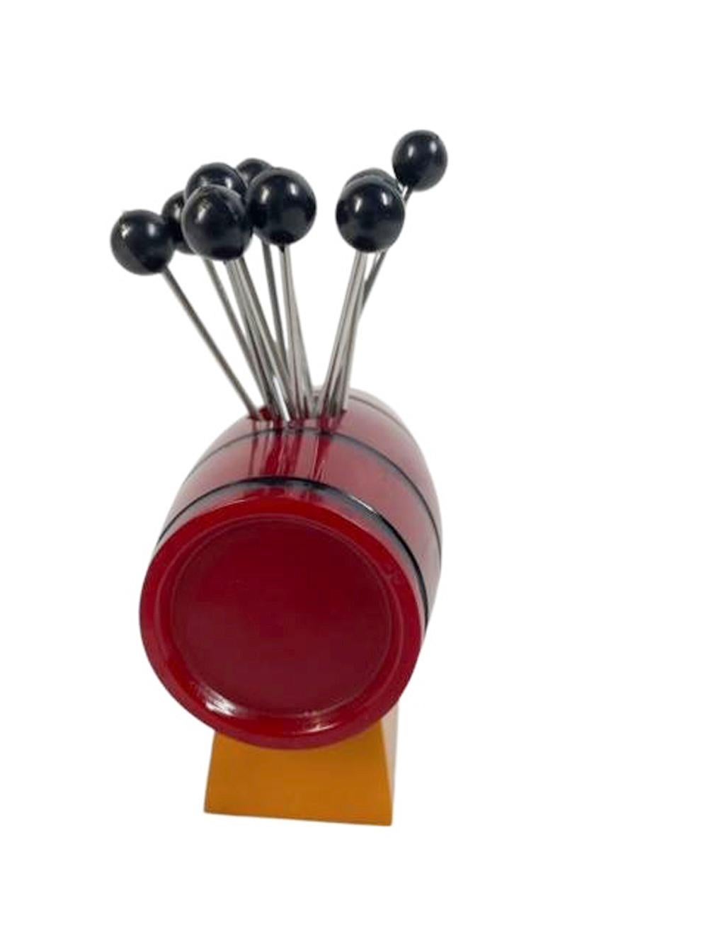 French Art Deco Cocktail Picks, 12 Picks in a Red Bakelite Keg-Form Holder For Sale