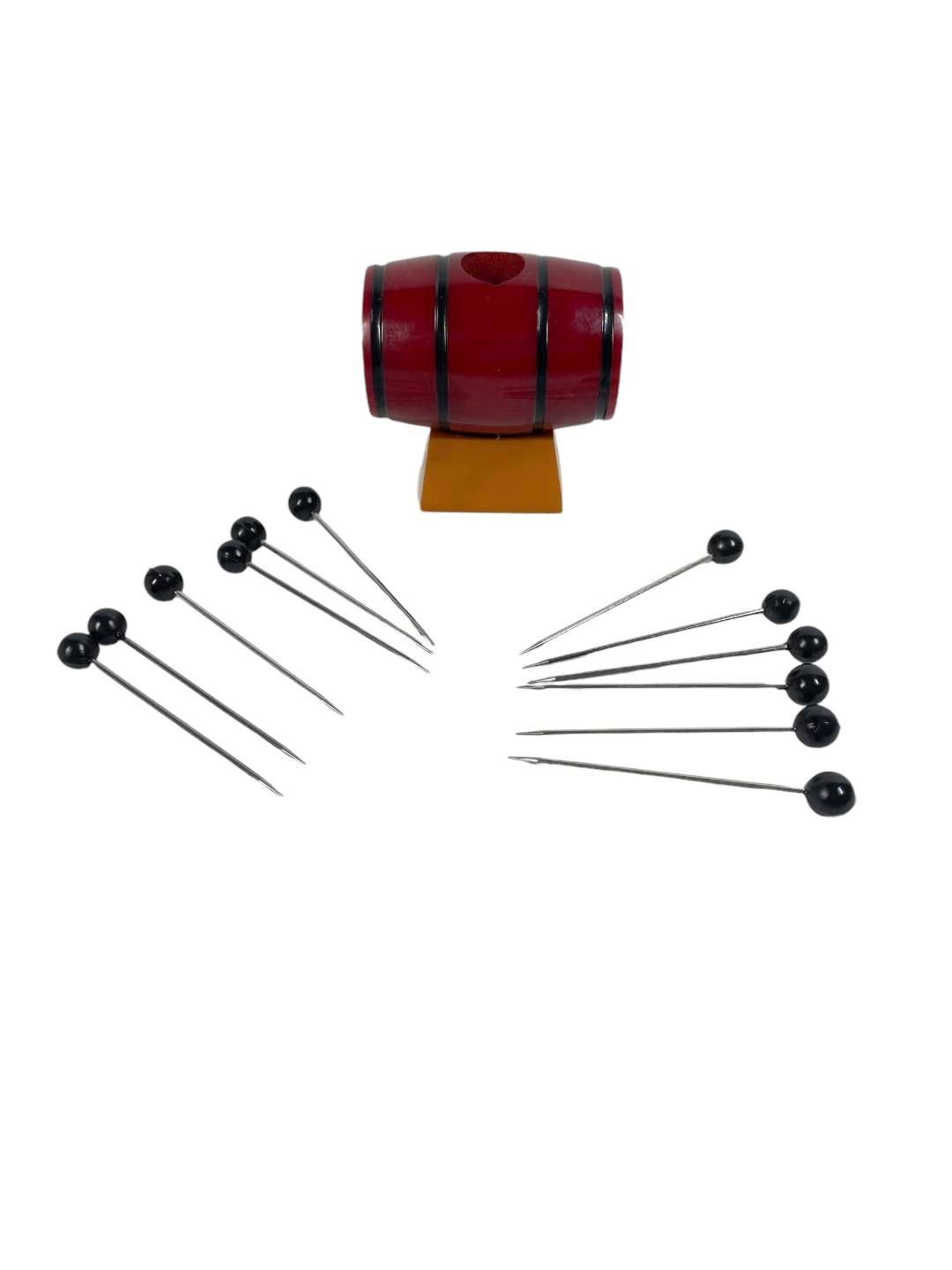 Art Deco Cocktail Picks, 12 Picks in a Red Bakelite Keg-Form Holder For Sale 1