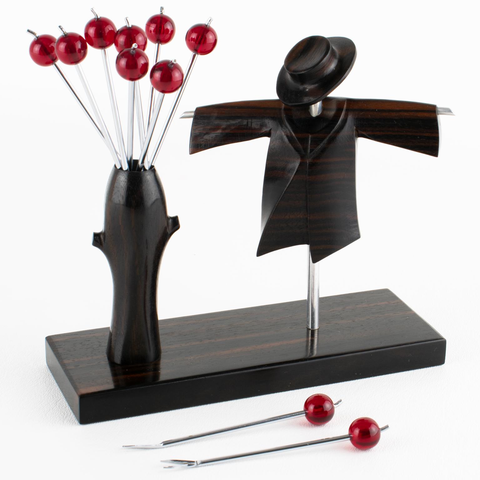 French Art Deco Cocktail Picks with Chrome and Macassar Wood Scarecrow, circa 1930 For Sale