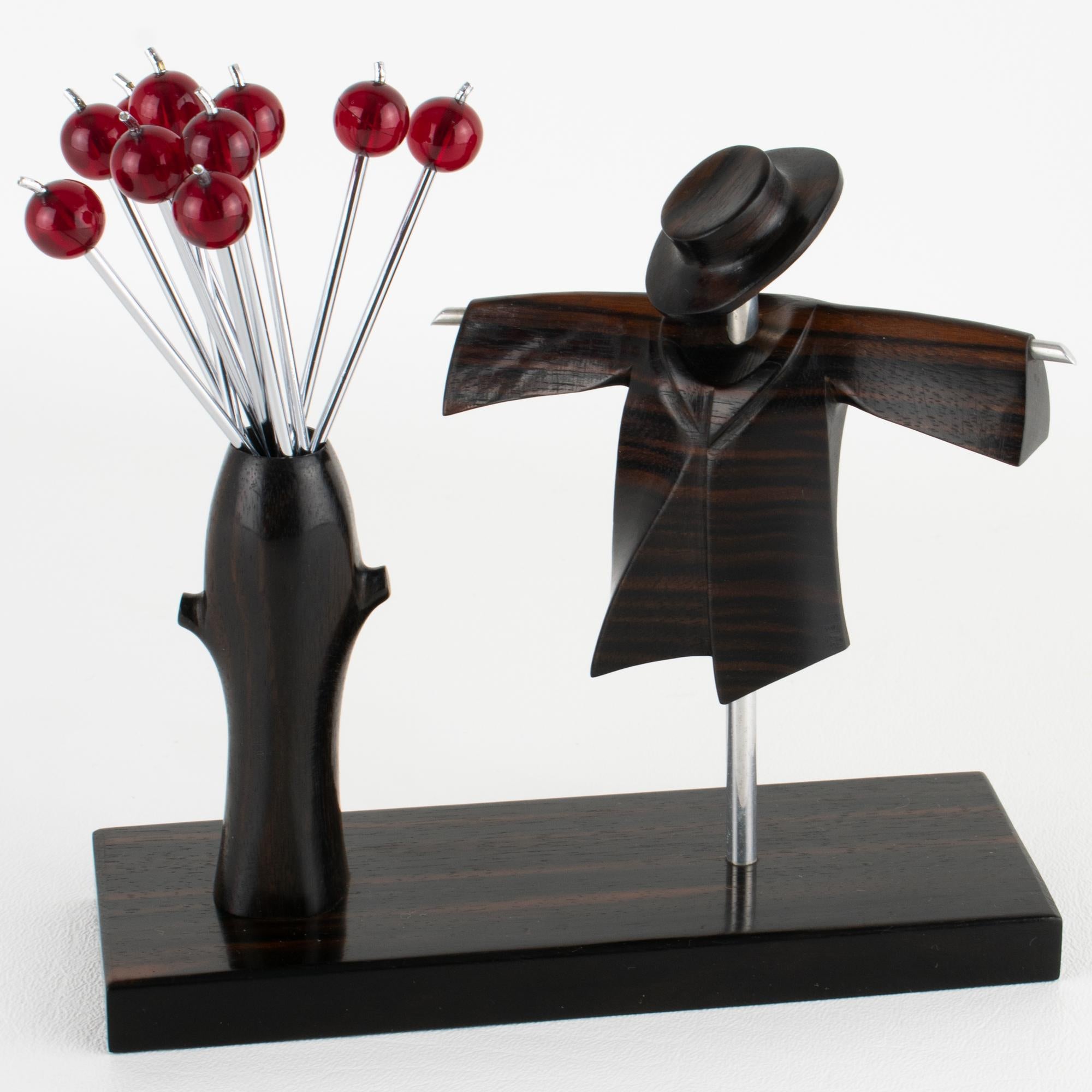 Carved Art Deco Cocktail Picks with Chrome and Macassar Wood Scarecrow, circa 1930 For Sale