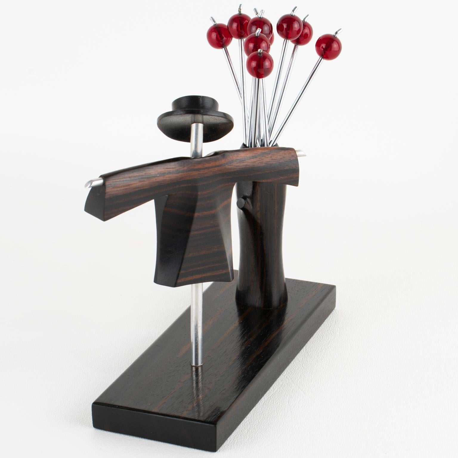Art Deco Cocktail Picks with Chrome and Macassar Wood Scarecrow, circa 1930 In Excellent Condition For Sale In Atlanta, GA