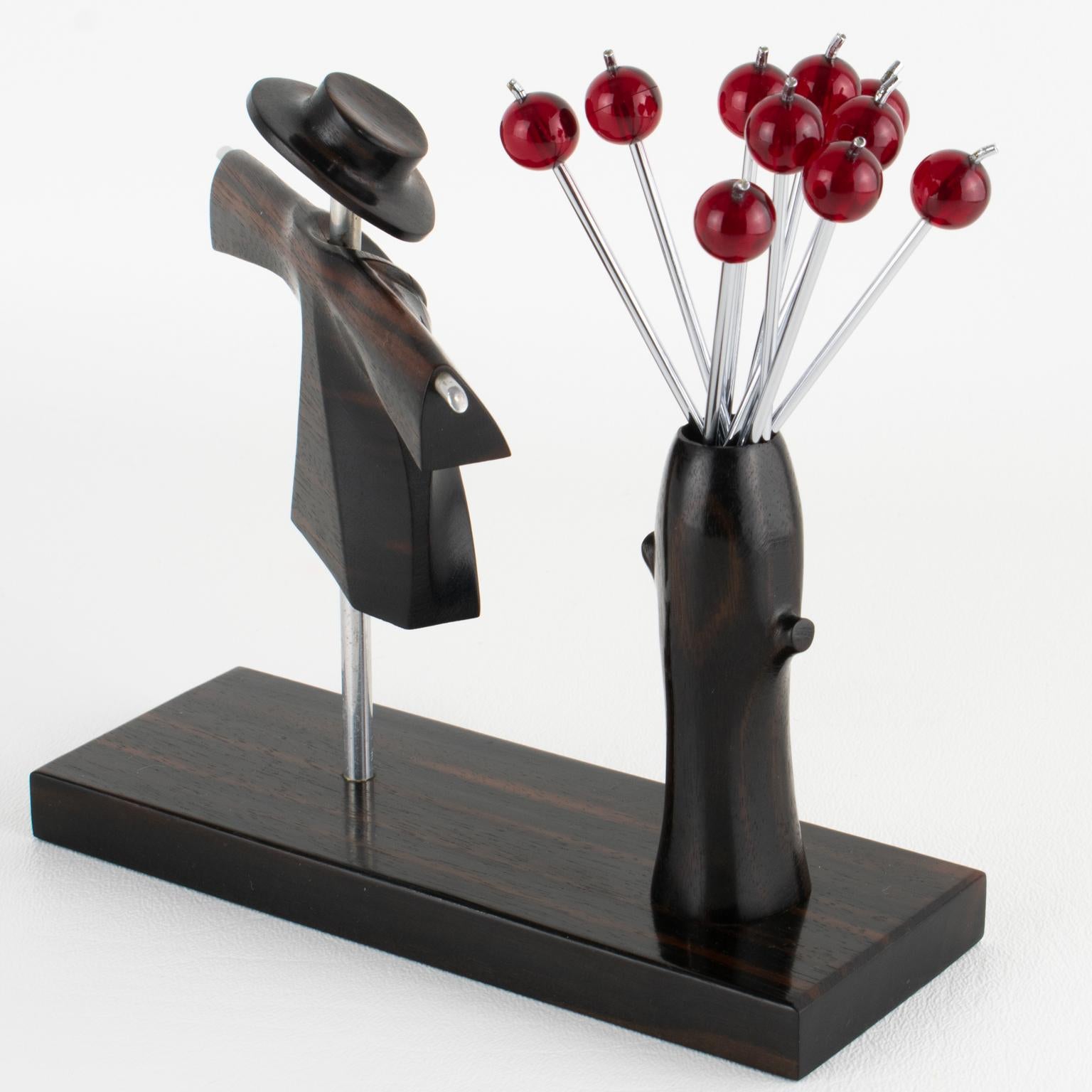 Mid-20th Century Art Deco Cocktail Picks with Chrome and Macassar Wood Scarecrow, circa 1930 For Sale