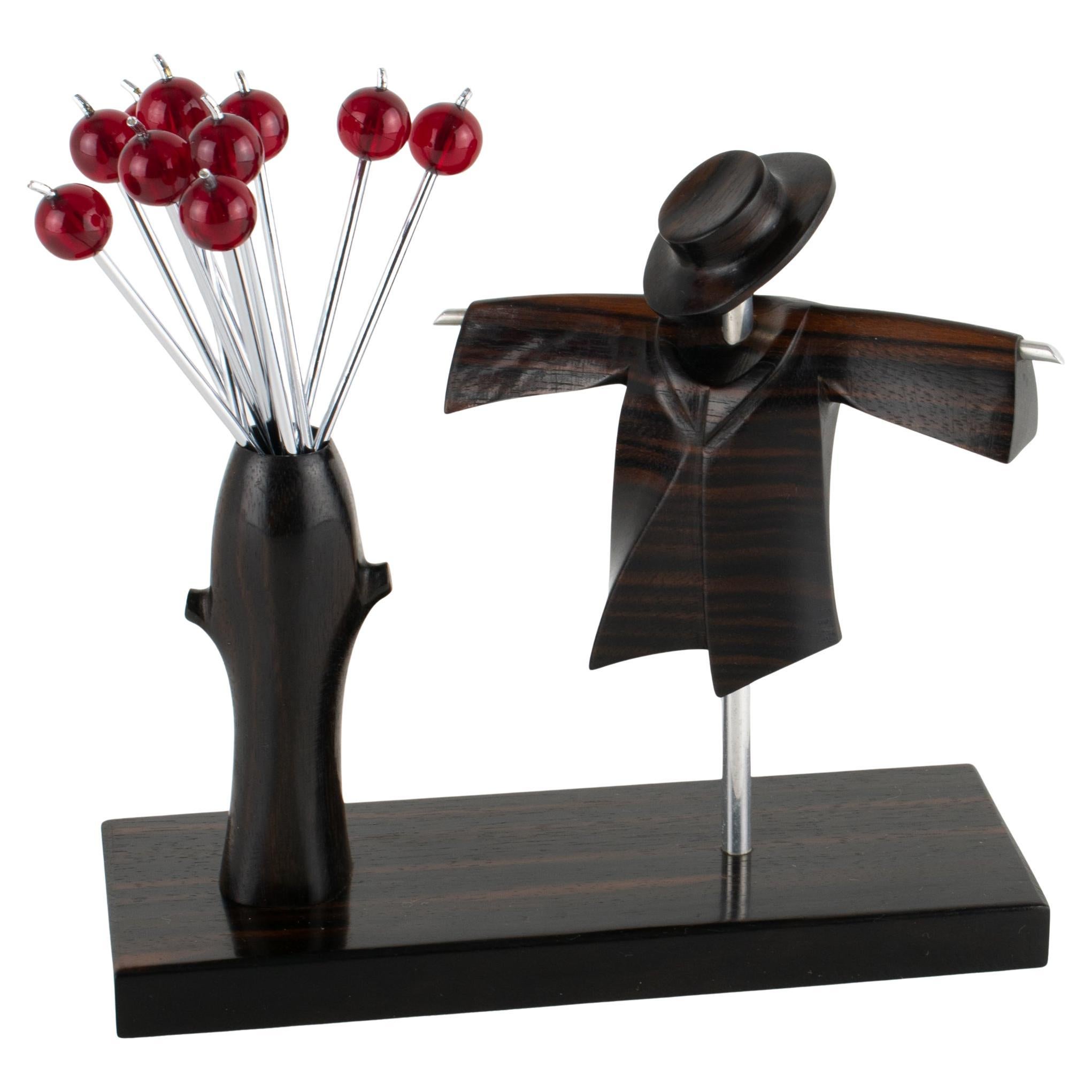 Art Deco Cocktail Picks with Chrome and Macassar Wood Scarecrow, circa 1930 For Sale