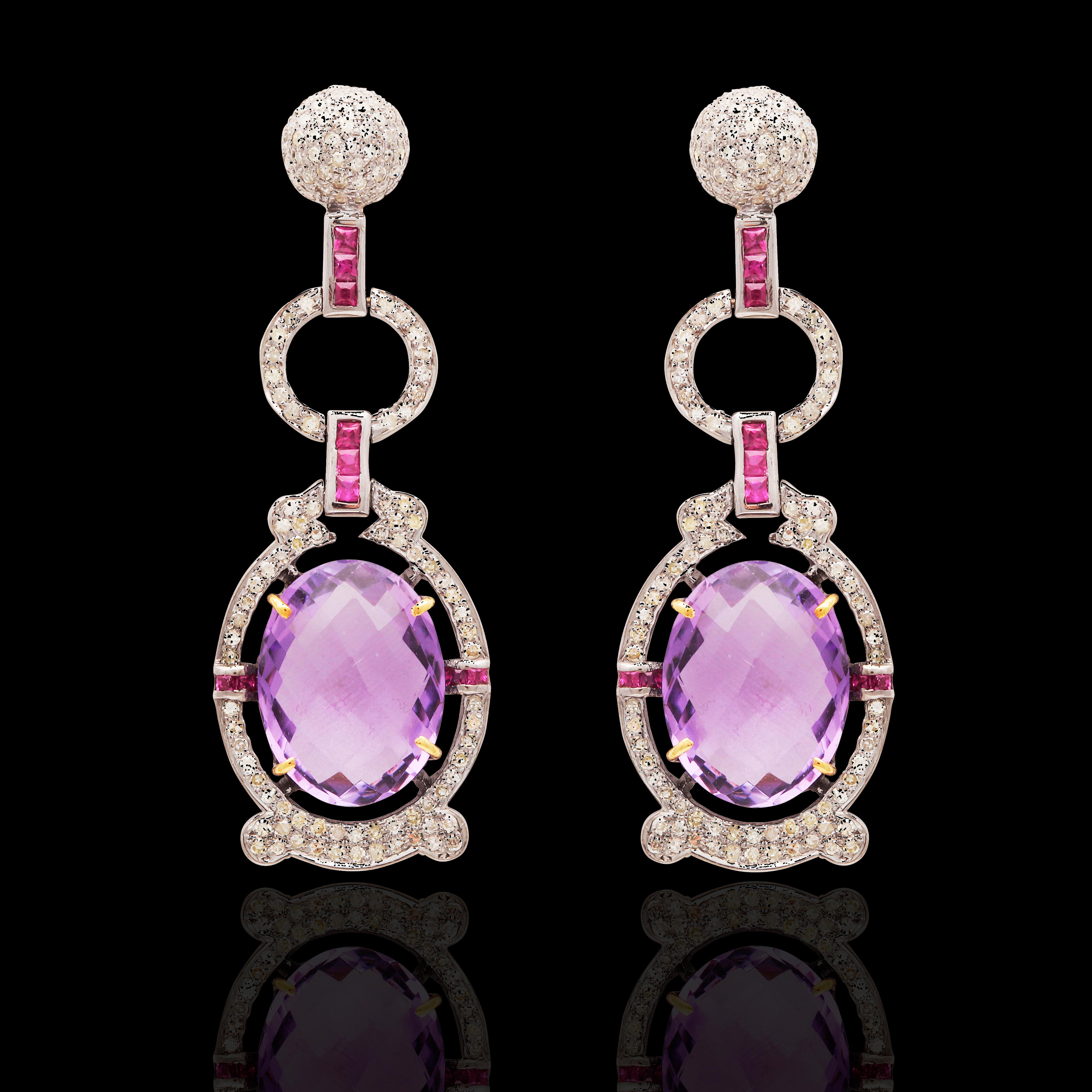 Women's or Men's Art Deco Cocktail Purple Amethyst, Diamond and Tourmaline Earrings