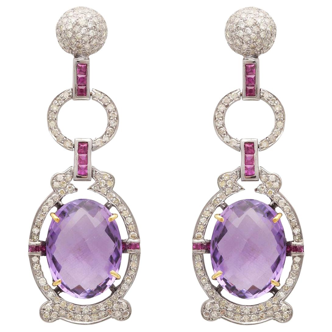 Art Deco Cocktail Purple Amethyst, Diamond and Tourmaline Earrings