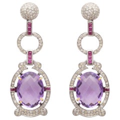 Art Deco Cocktail Purple Amethyst, Diamond and Tourmaline Earrings