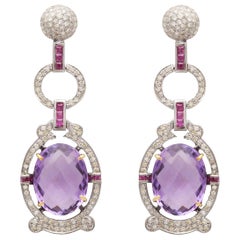 Art Deco Cocktail Purple Amethyst, Diamond and Tourmaline Earrings