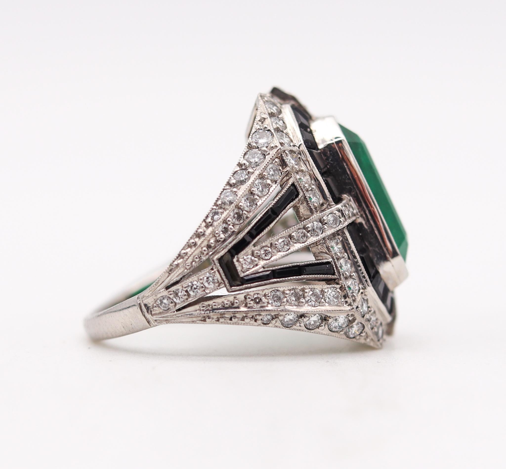 Women's Art Deco Cocktail Ring in Platinum 10.81 Ctw in Emerald Diamonds and Black Jade
