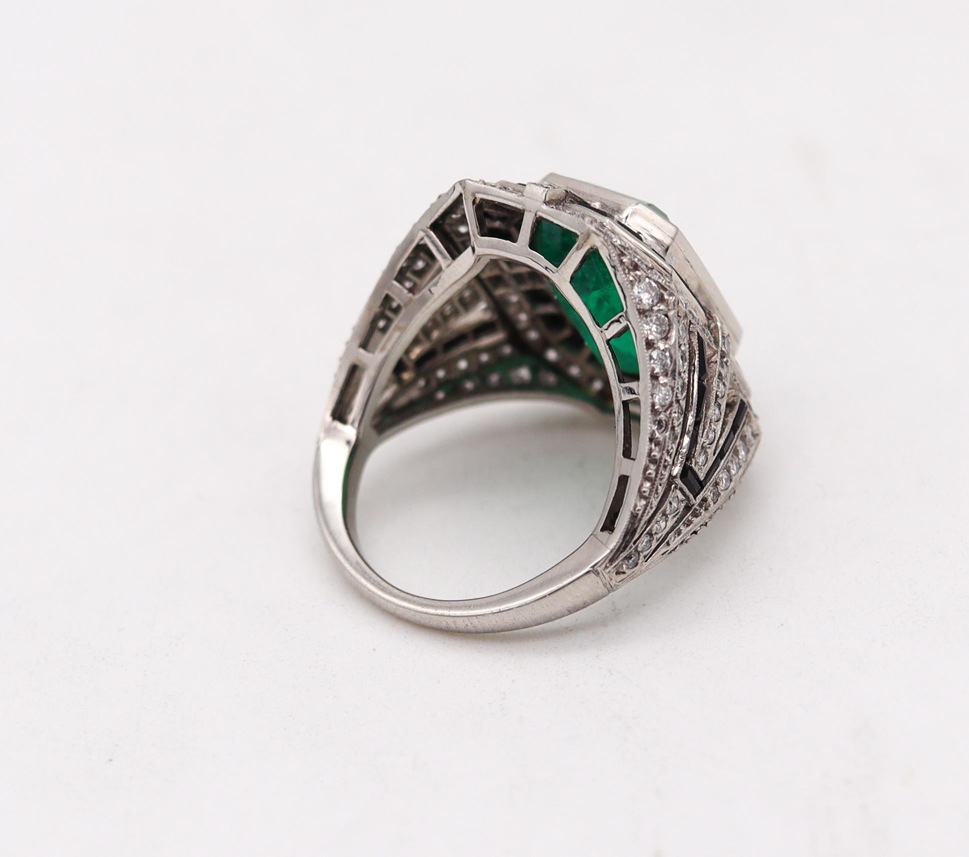 Art Deco Cocktail Ring in Platinum 10.81 Ctw in Emerald Diamonds and Black Jade 1