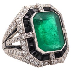 Art Deco Cocktail Ring in Platinum 10.81 Ctw in Emerald Diamonds and Black Jade