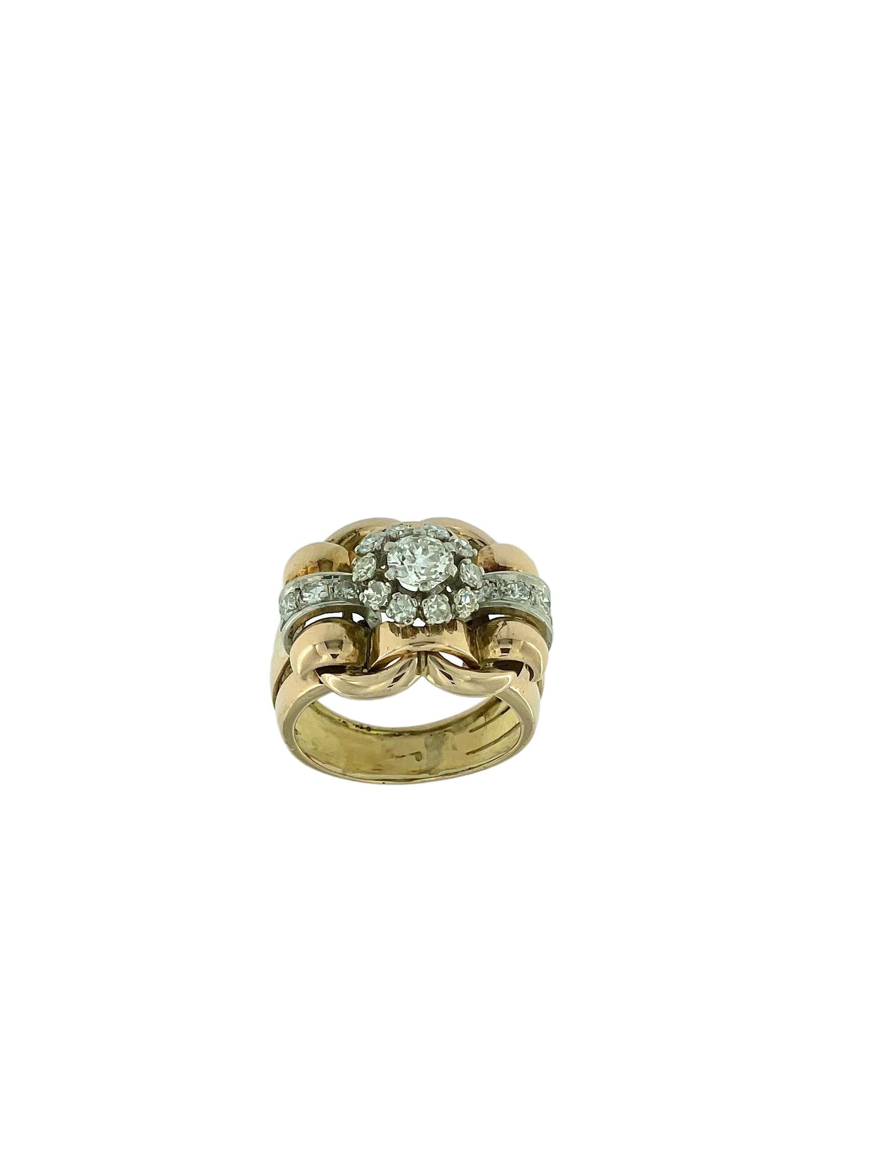 The Art Deco Cocktail Ring in White and Rose Gold with Diamonds is a stunning example of the elegance and glamour that define the Art Deco era. Crafted from luxurious 18kt white and rose gold, this ring combines timeless design with exquisite