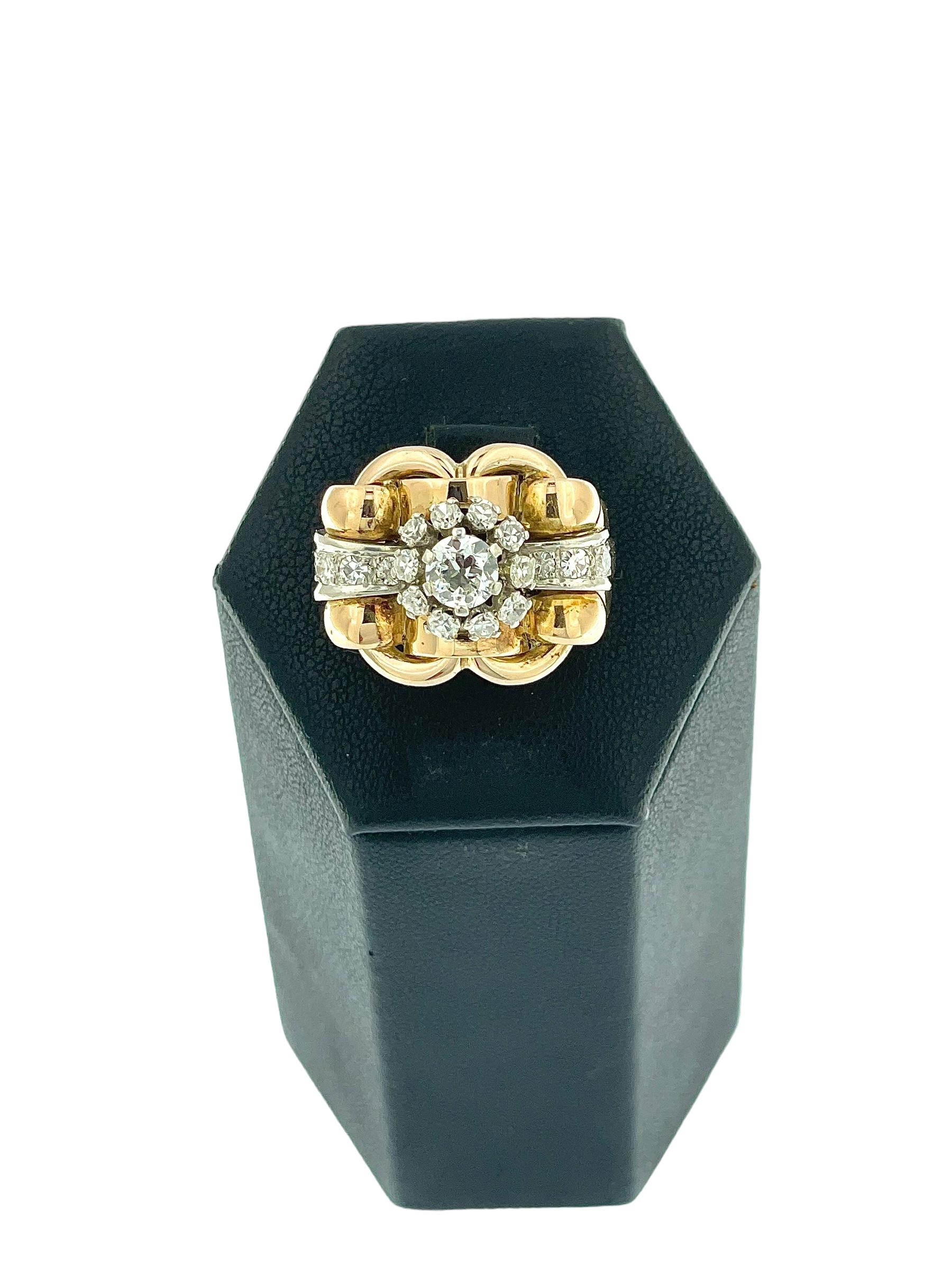 Women's Art Deco Cocktail Ring White and Rose Gold with Diamonds For Sale