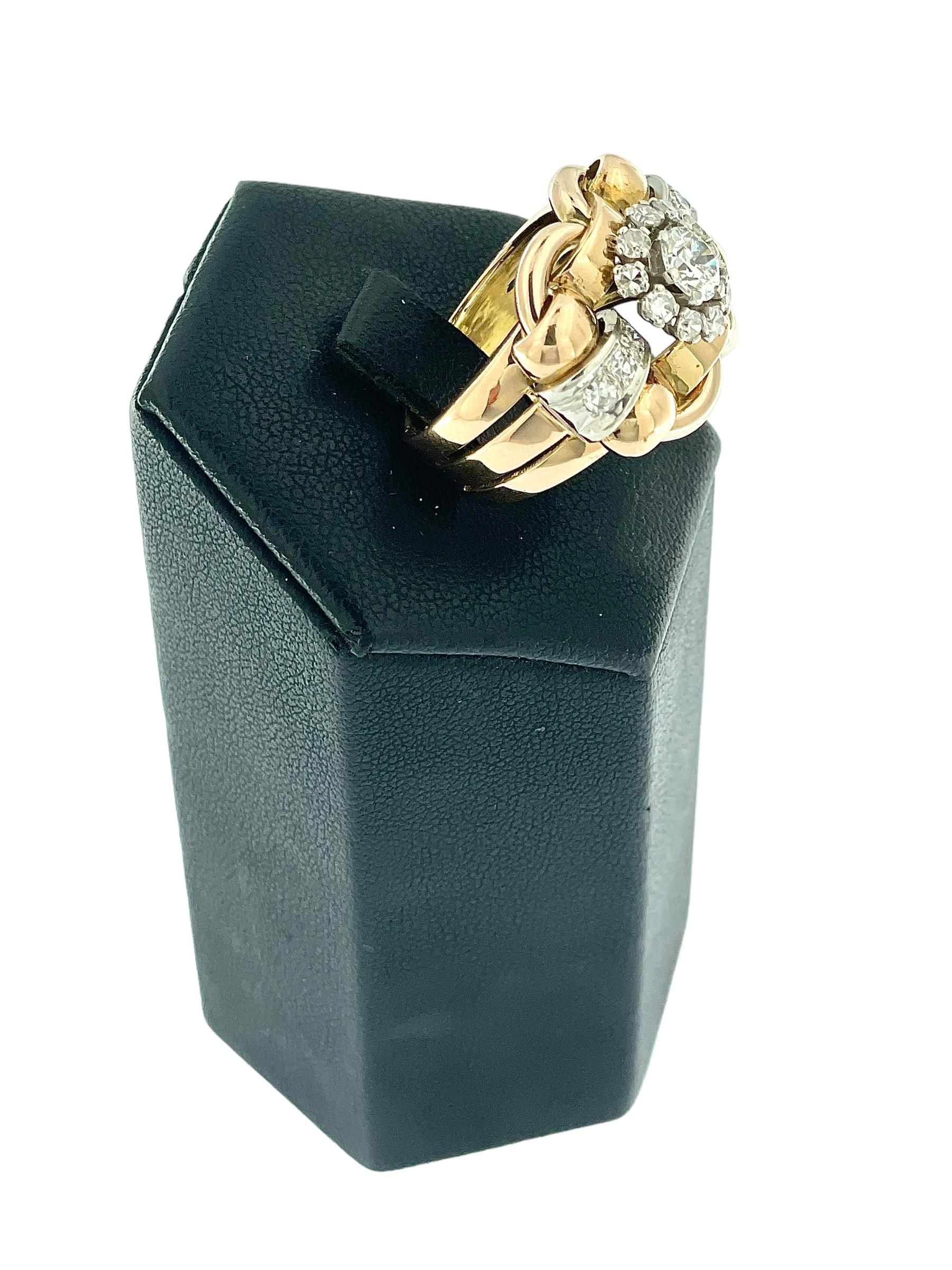 Art Deco Cocktail Ring White and Rose Gold with Diamonds For Sale 1