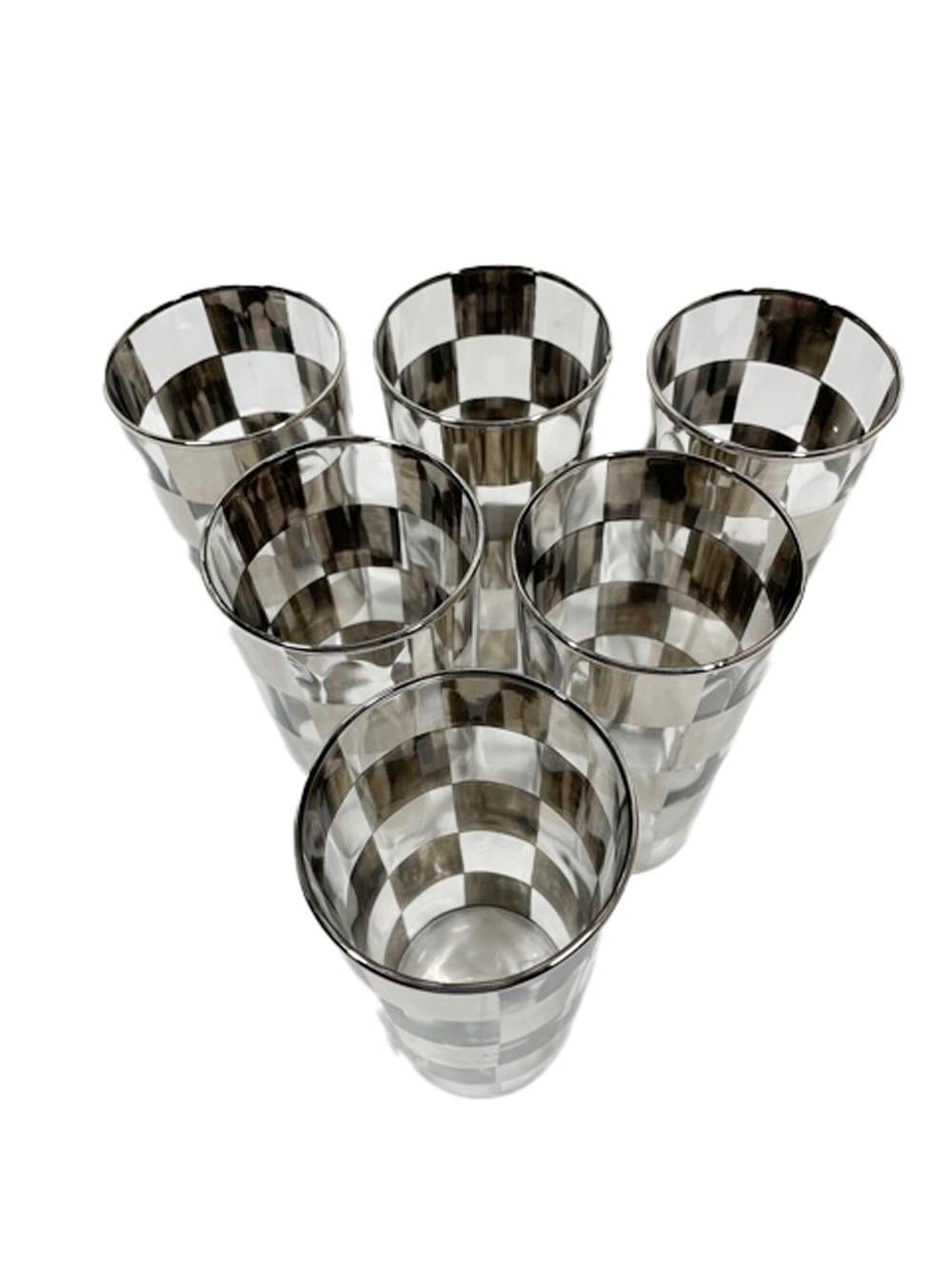 American Art Deco Cocktail Set with Silver Check Pattern on Ribbed Optical Glass