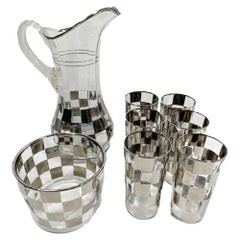 Art Deco Cocktail Set with Silver Check Pattern on Ribbed Optical Glass