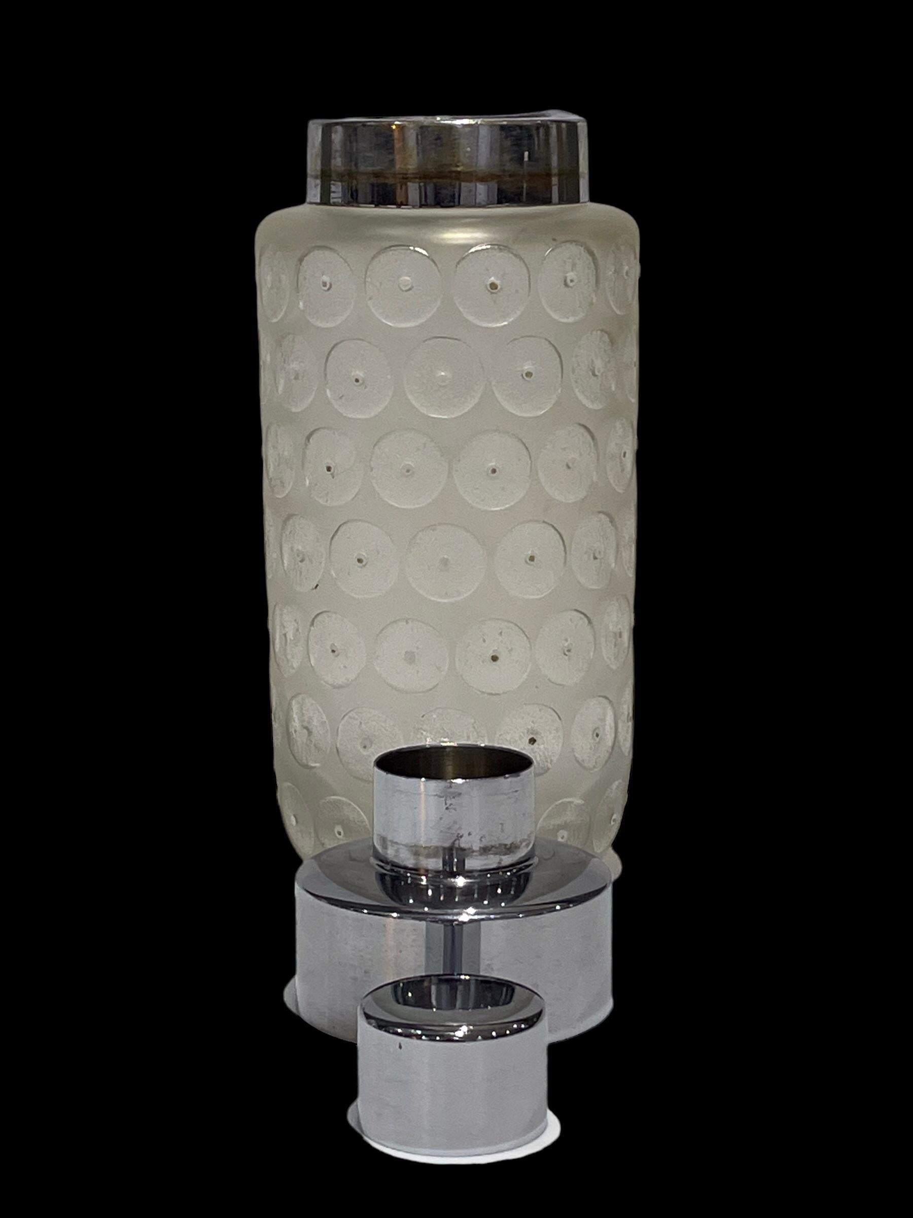 An Art Cocktail Shaker by Daum. A rare pattern, the thick opaque glass with acid etched circles throughout the surface. Each circle with a textured surface, in contrast with the smoothness of the opaque glass. The centre of each circle decorated in