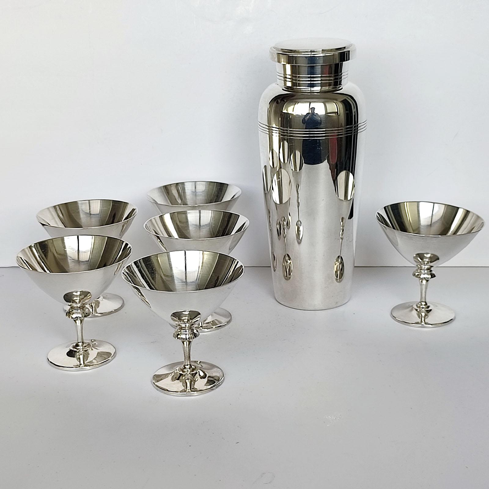 Silvered Art Deco Cocktail Shaker CG Hallberg and Six Glasses, Folke Arström, GAB, Sweden