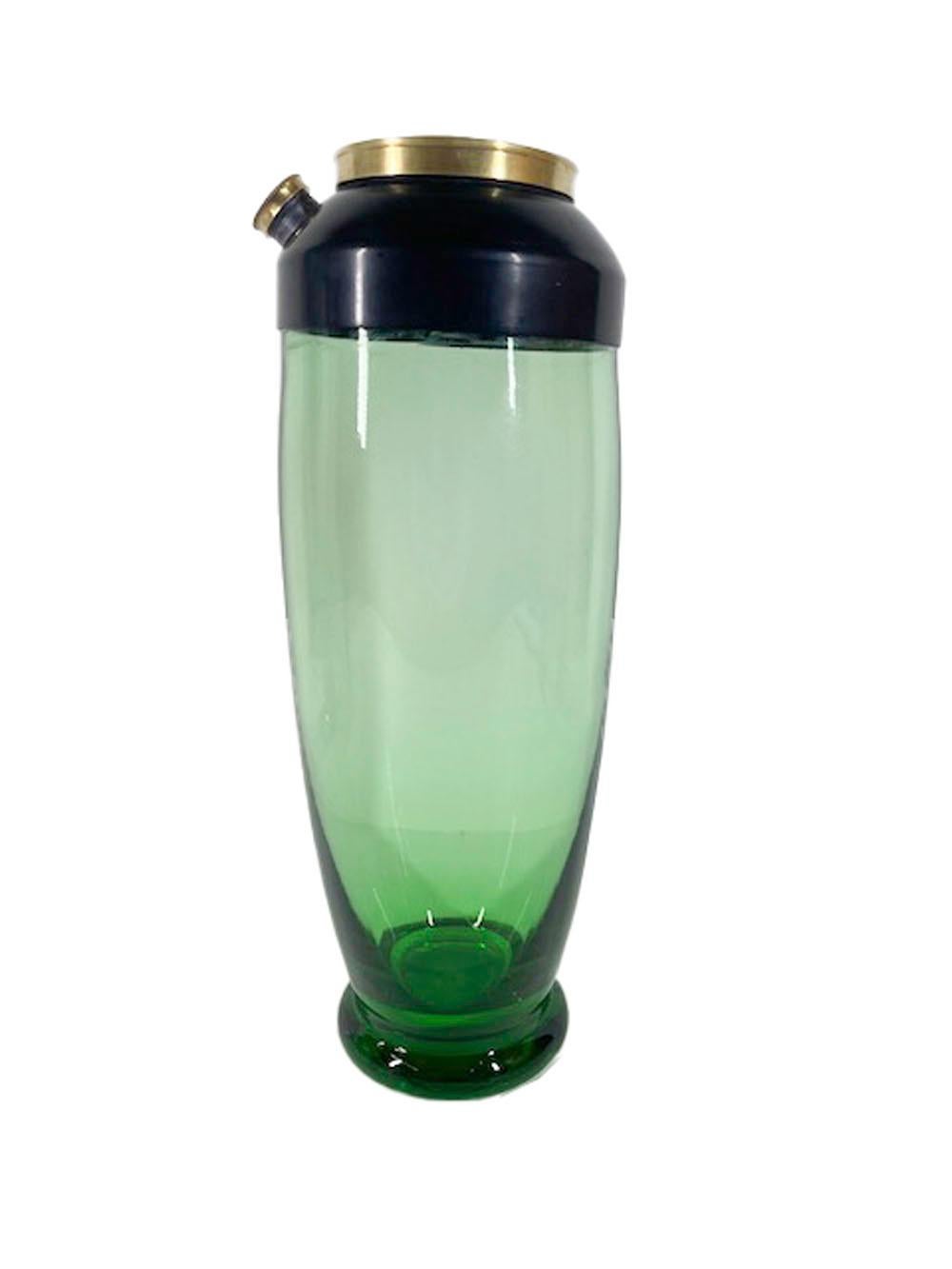 American Art Deco Cocktail Shaker, Emerald Green Glass, Black Enameled Lid w/Brass Caps