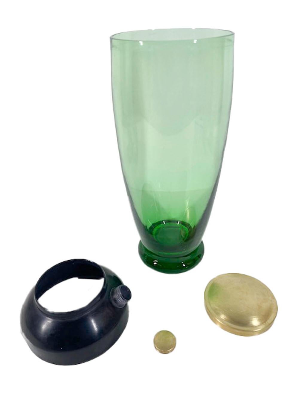 20th Century Art Deco Cocktail Shaker, Emerald Green Glass, Black Enameled Lid w/Brass Caps