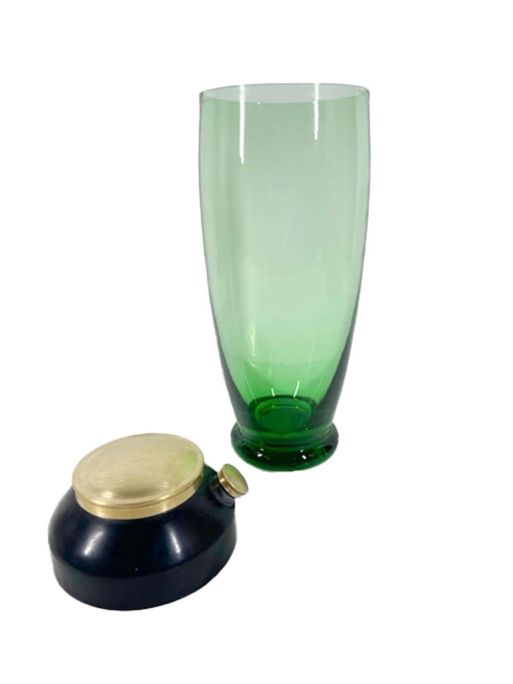 Art Deco Cocktail Shaker, Emerald Green Glass, Black Enameled Lid w/Brass Caps 1