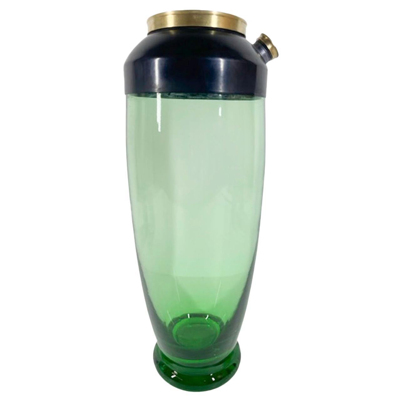 Art Deco Cocktail Shaker, Emerald Green Glass, Black Enameled Lid w/Brass Caps