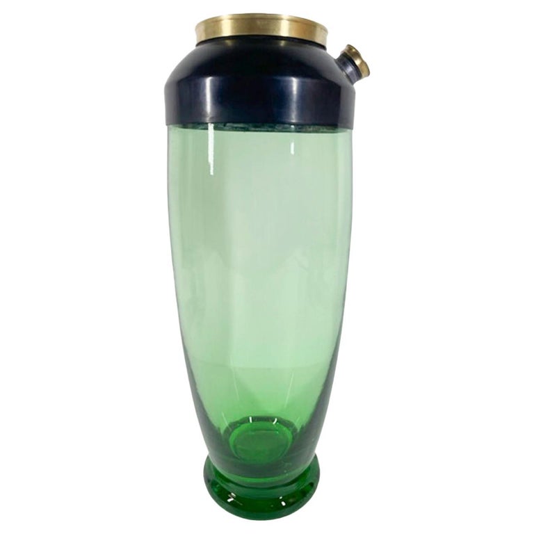 Art Deco Cocktail Shaker, Emerald Green Glass, Black Enameled Lid w