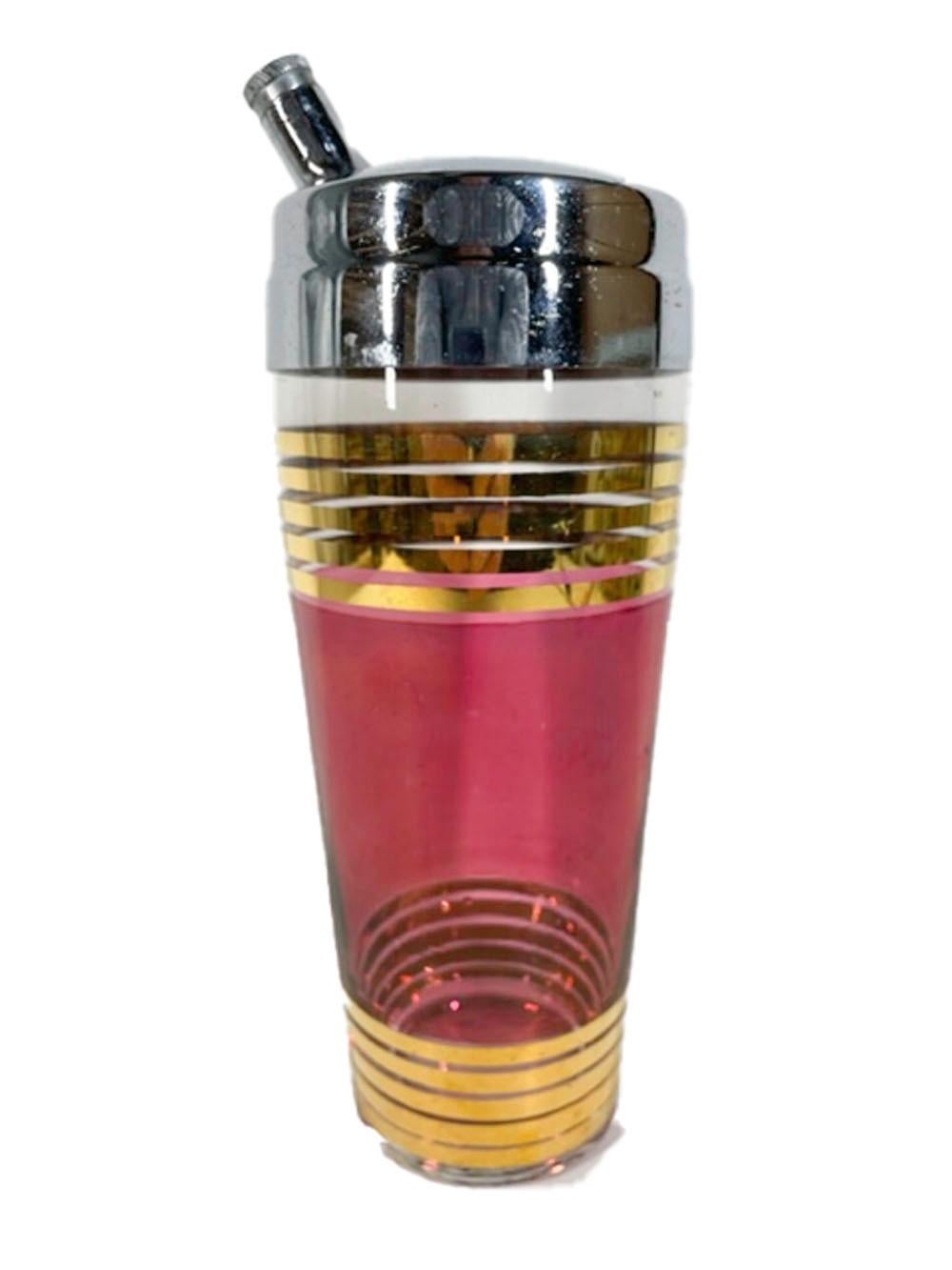 American Art Deco Cocktail Shaker Flashed Ruby Between Groups of 22 Karat Gold Bands For Sale