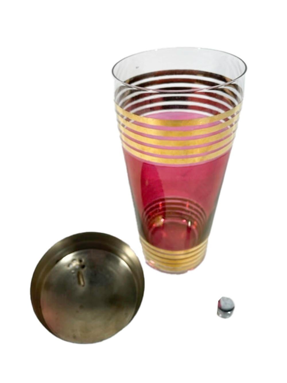 20th Century Art Deco Cocktail Shaker Flashed Ruby Between Groups of 22 Karat Gold Bands For Sale
