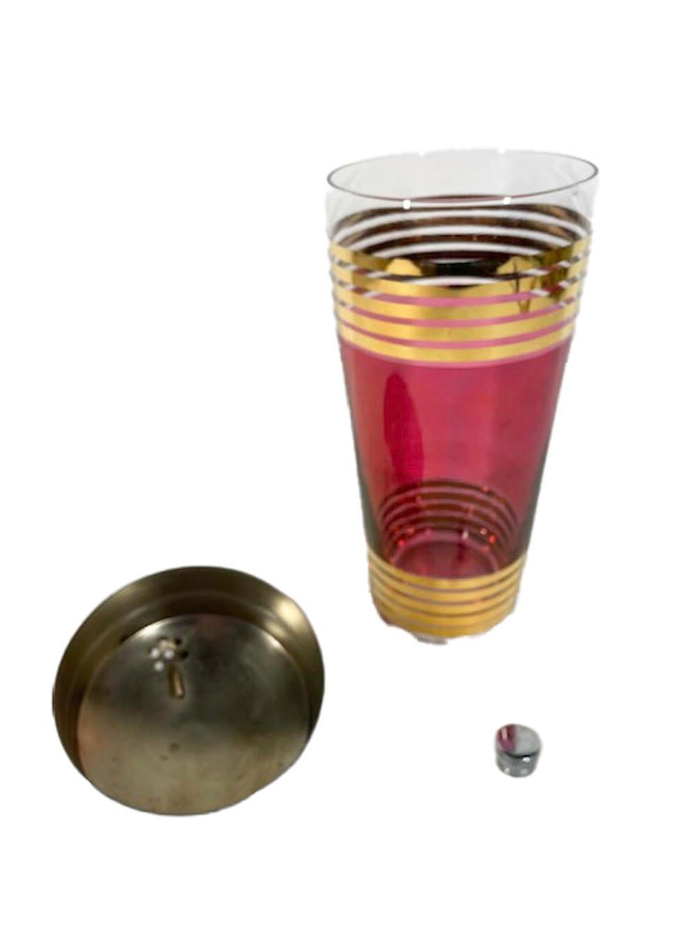 Glass Art Deco Cocktail Shaker Flashed Ruby Between Groups of 22 Karat Gold Bands For Sale