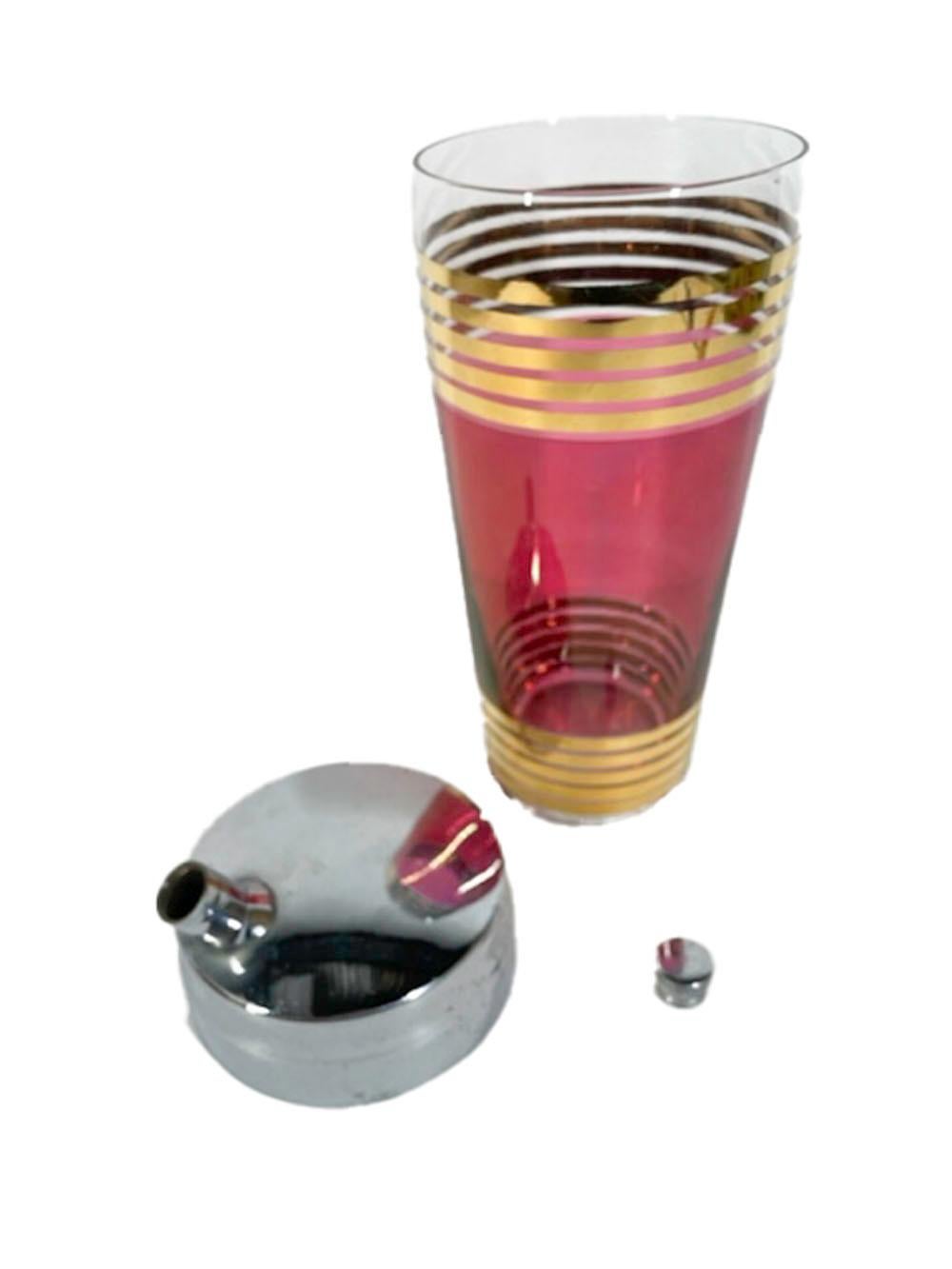 Art Deco Cocktail Shaker Flashed Ruby Between Groups of 22 Karat Gold Bands For Sale 1