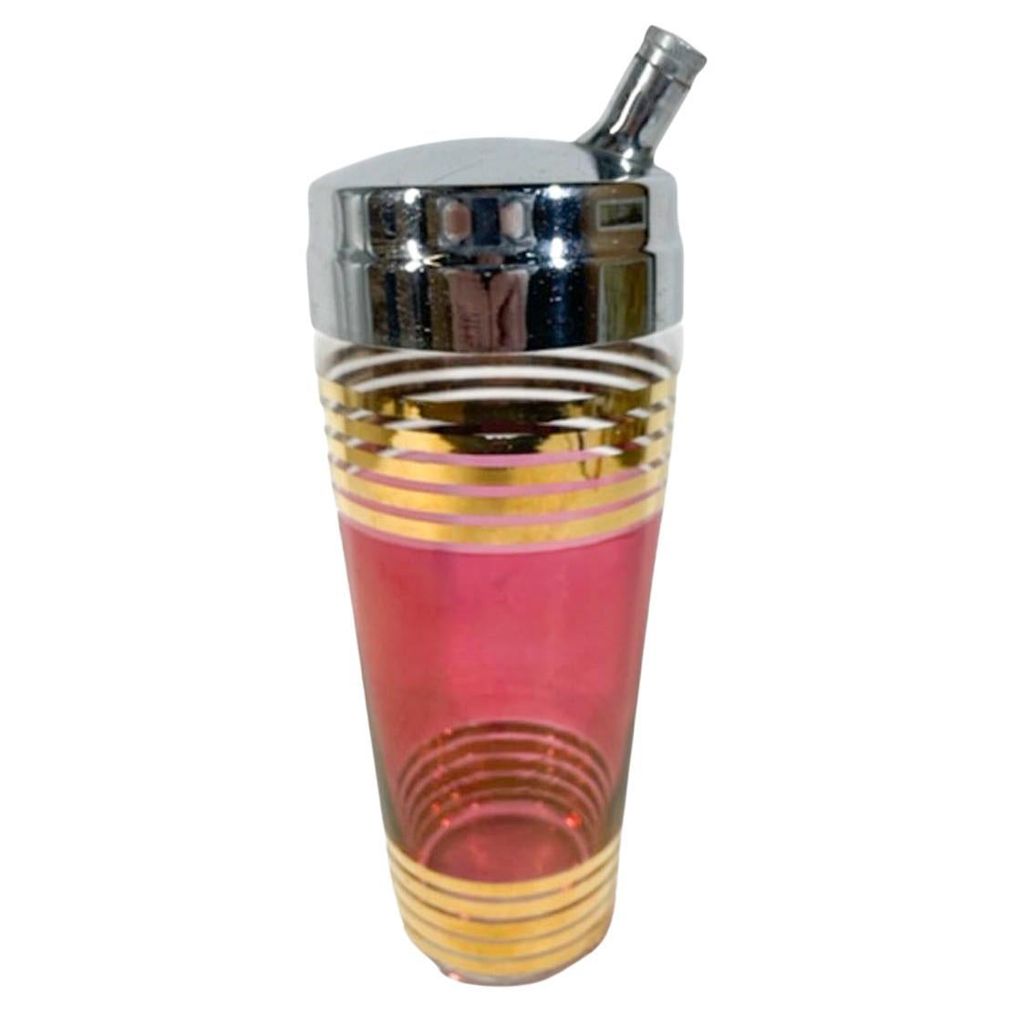 Art Deco Cocktail Shaker Flashed Ruby Between Groups of 22 Karat Gold Bands