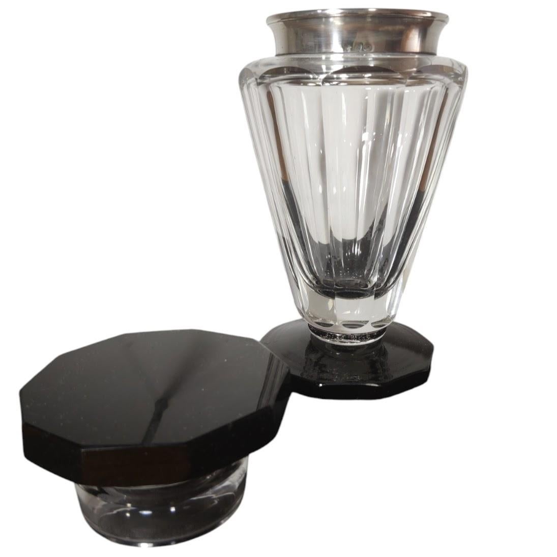 Art Deco Cocktail Shaker Heavy Cut Crystal Neck Silver For Sale 1