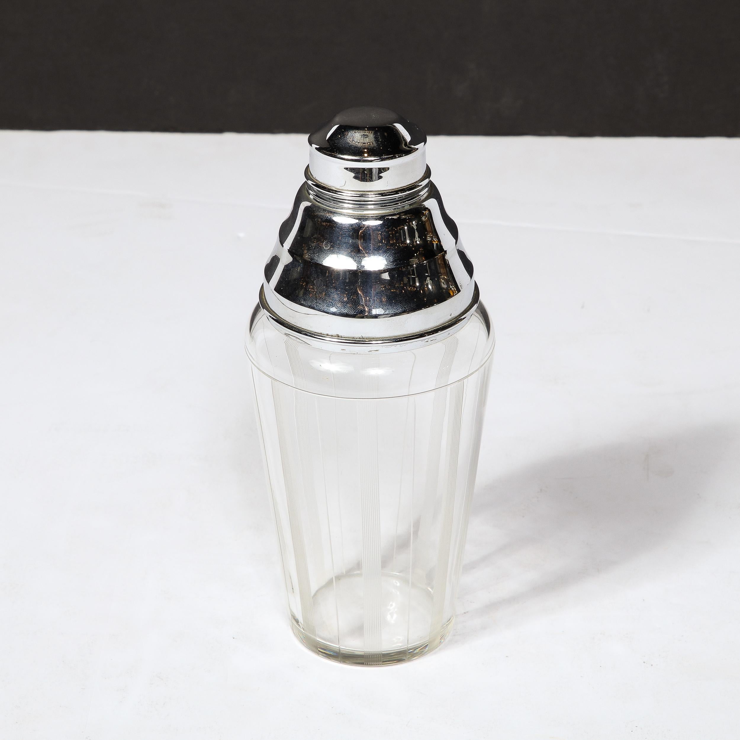 Art Deco Cocktail Shaker in Chrome & Glass with Vertically Etched  Detailing  For Sale 5