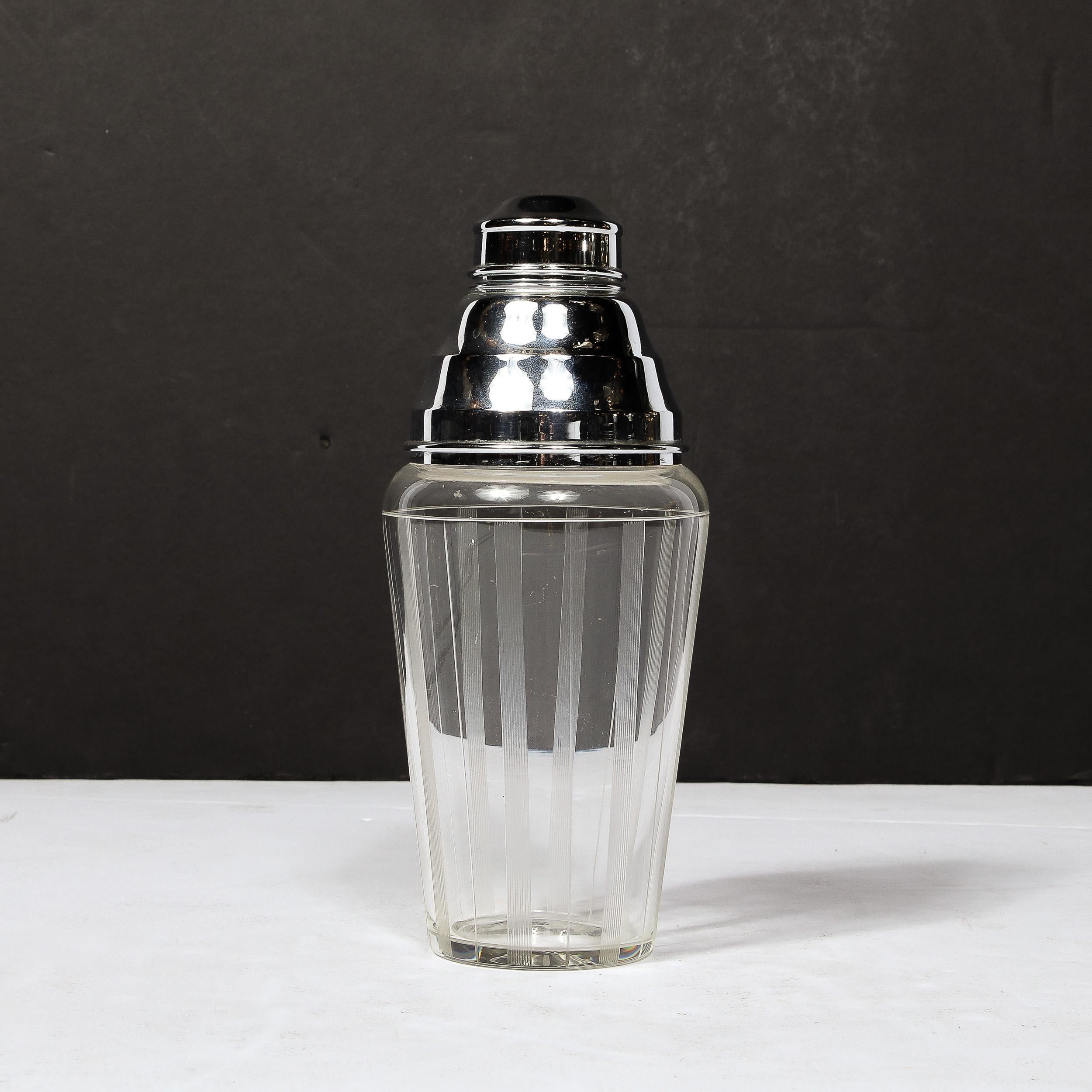 Art Deco Cocktail Shaker in Chrome & Glass with Vertically Etched  Detailing  For Sale 6