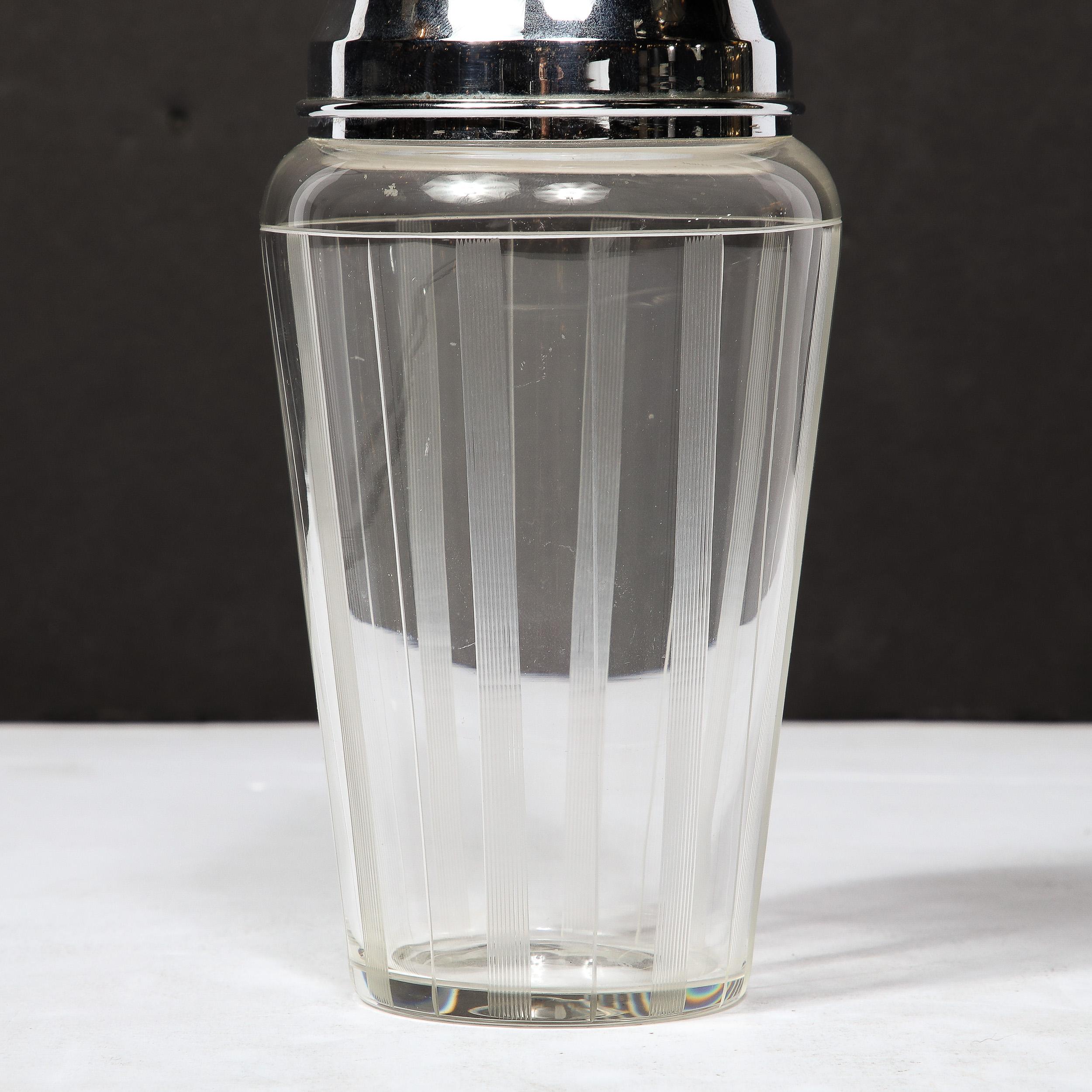 Art Deco Cocktail Shaker in Chrome & Glass with Vertically Etched  Detailing  For Sale 7