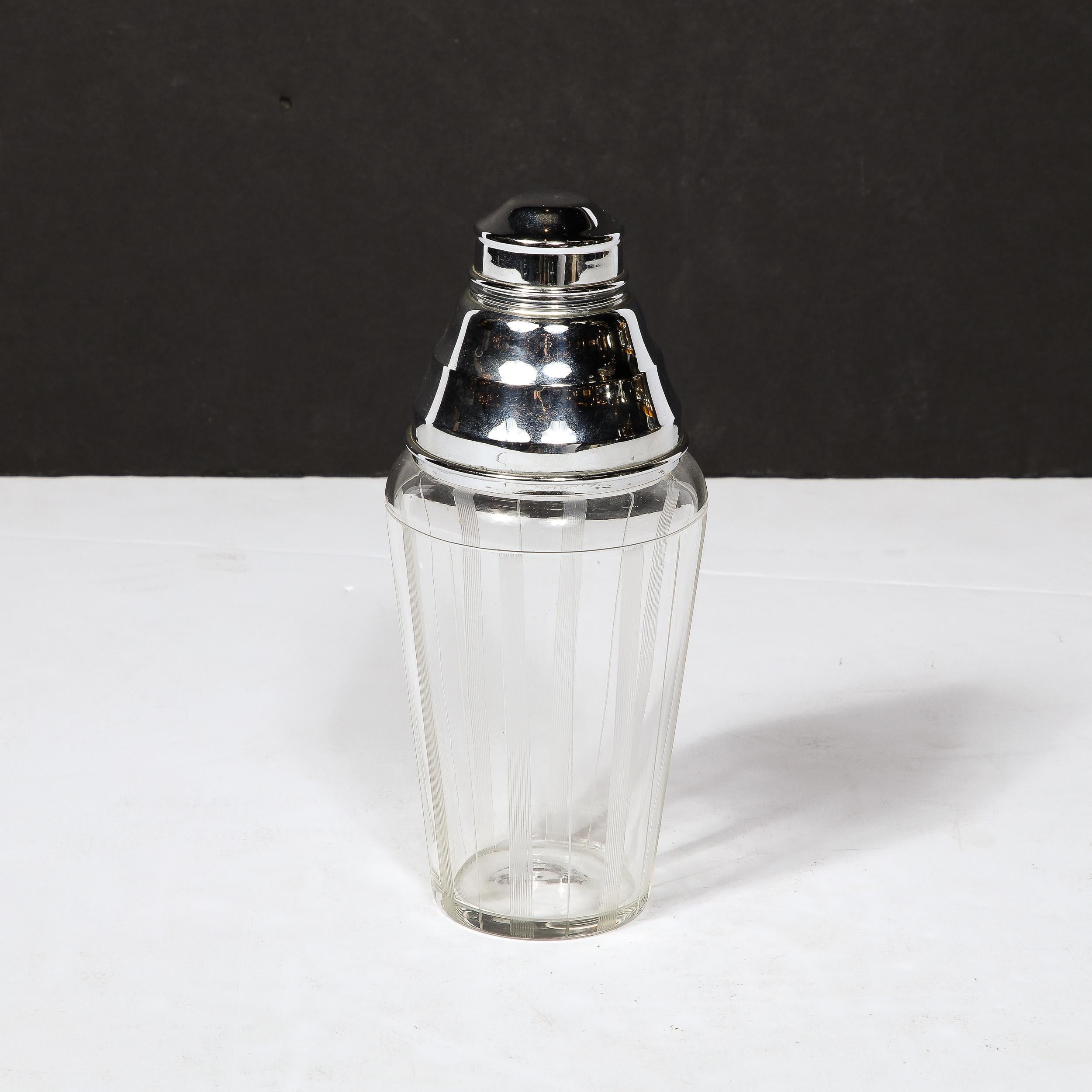 Art Deco Cocktail Shaker in Chrome & Glass with Vertically Etched  Detailing  For Sale 8