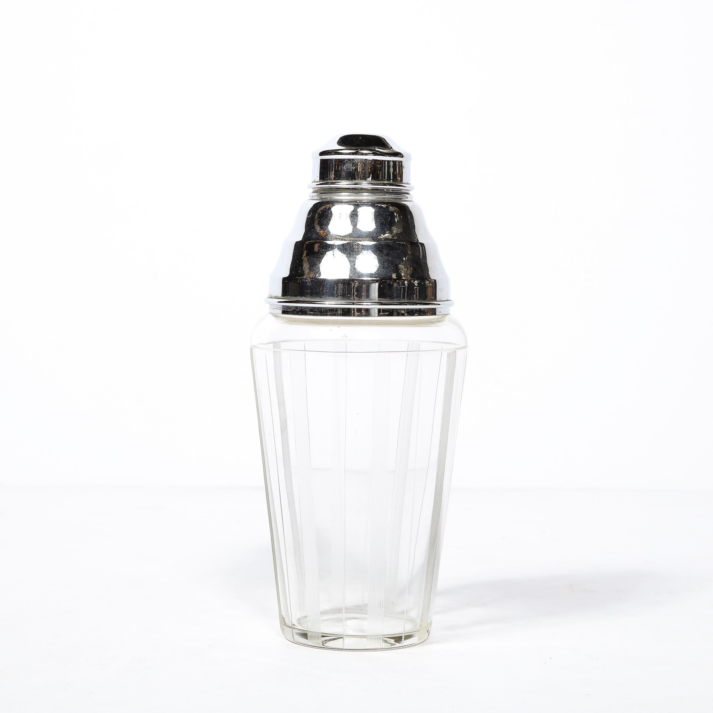 American Art Deco Cocktail Shaker in Chrome & Glass with Vertically Etched  Detailing  For Sale