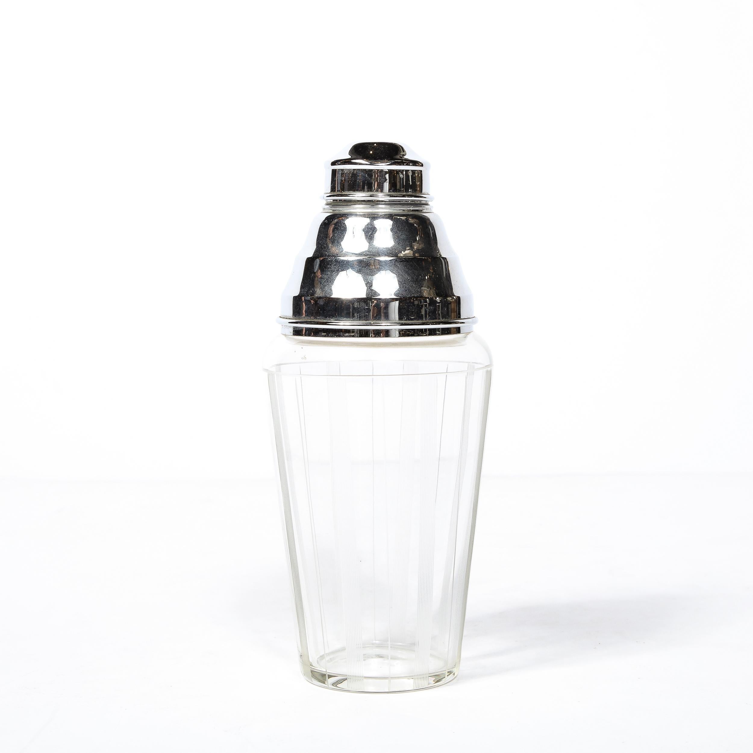 Art Deco Cocktail Shaker in Chrome & Glass with Vertically Etched  Detailing  In Excellent Condition For Sale In New York, NY