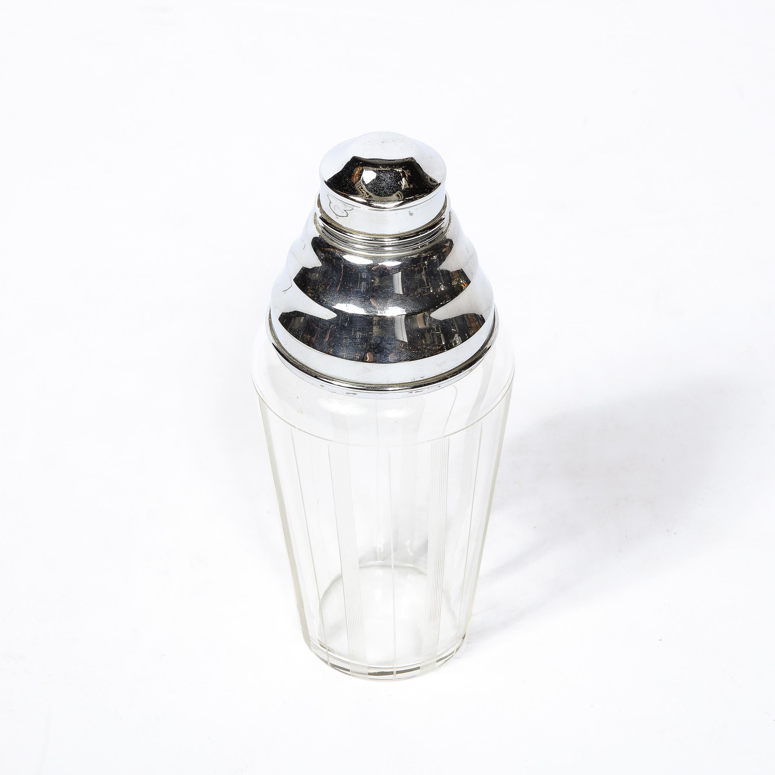 Mid-20th Century Art Deco Cocktail Shaker in Chrome & Glass with Vertically Etched  Detailing  For Sale