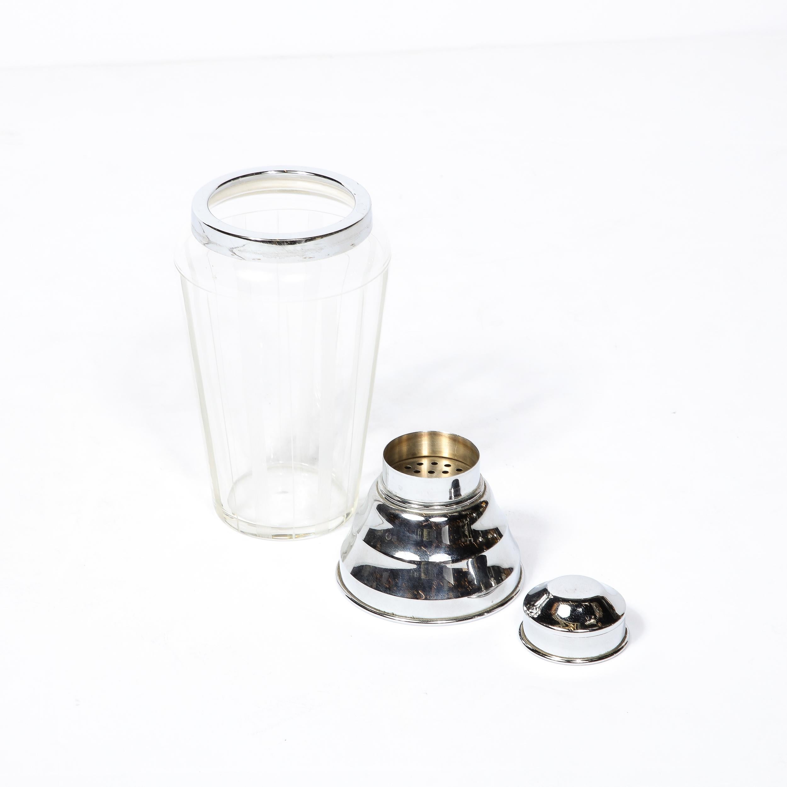 Art Deco Cocktail Shaker in Chrome & Glass with Vertically Etched  Detailing  For Sale 1
