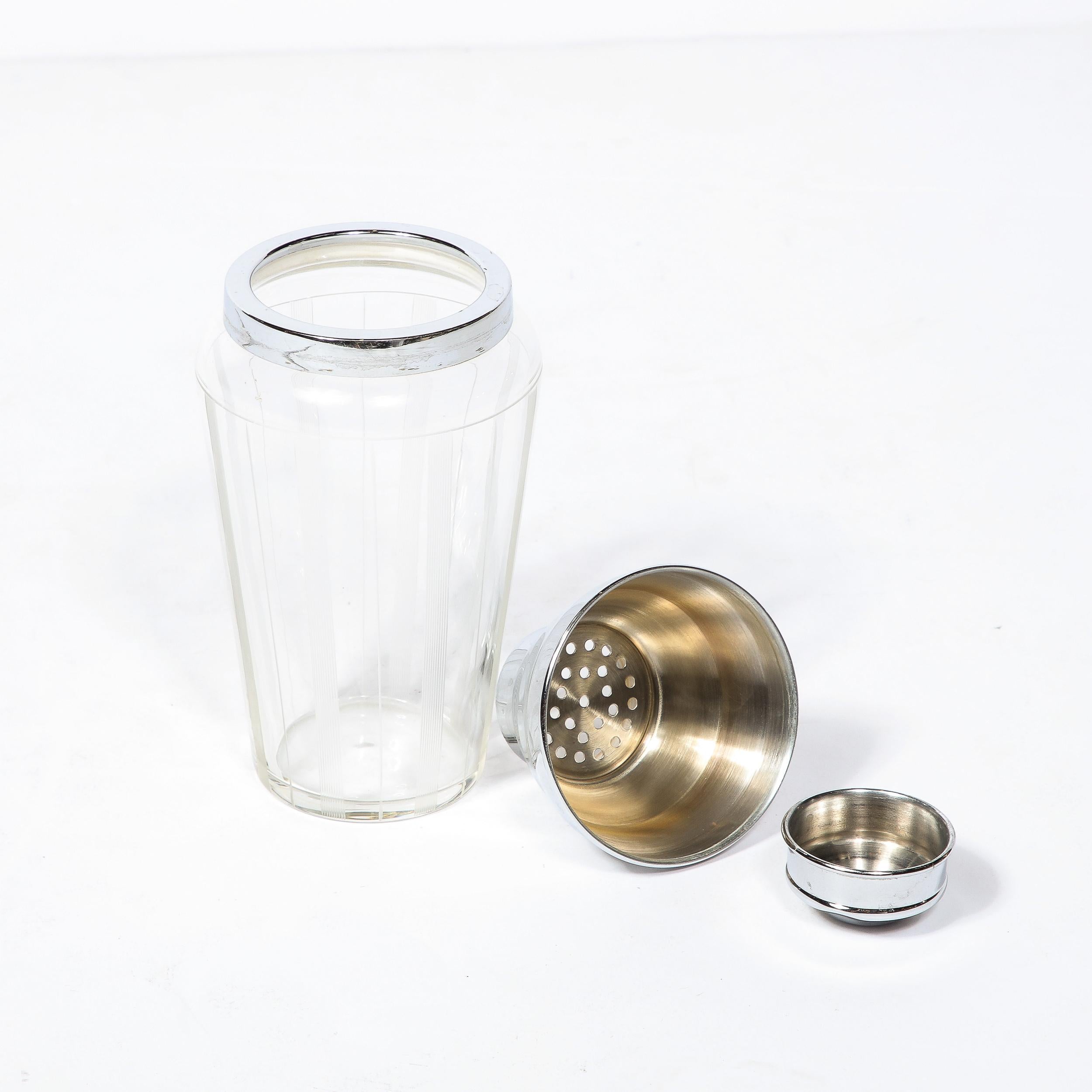 Art Deco Cocktail Shaker in Chrome & Glass with Vertically Etched  Detailing  For Sale 3