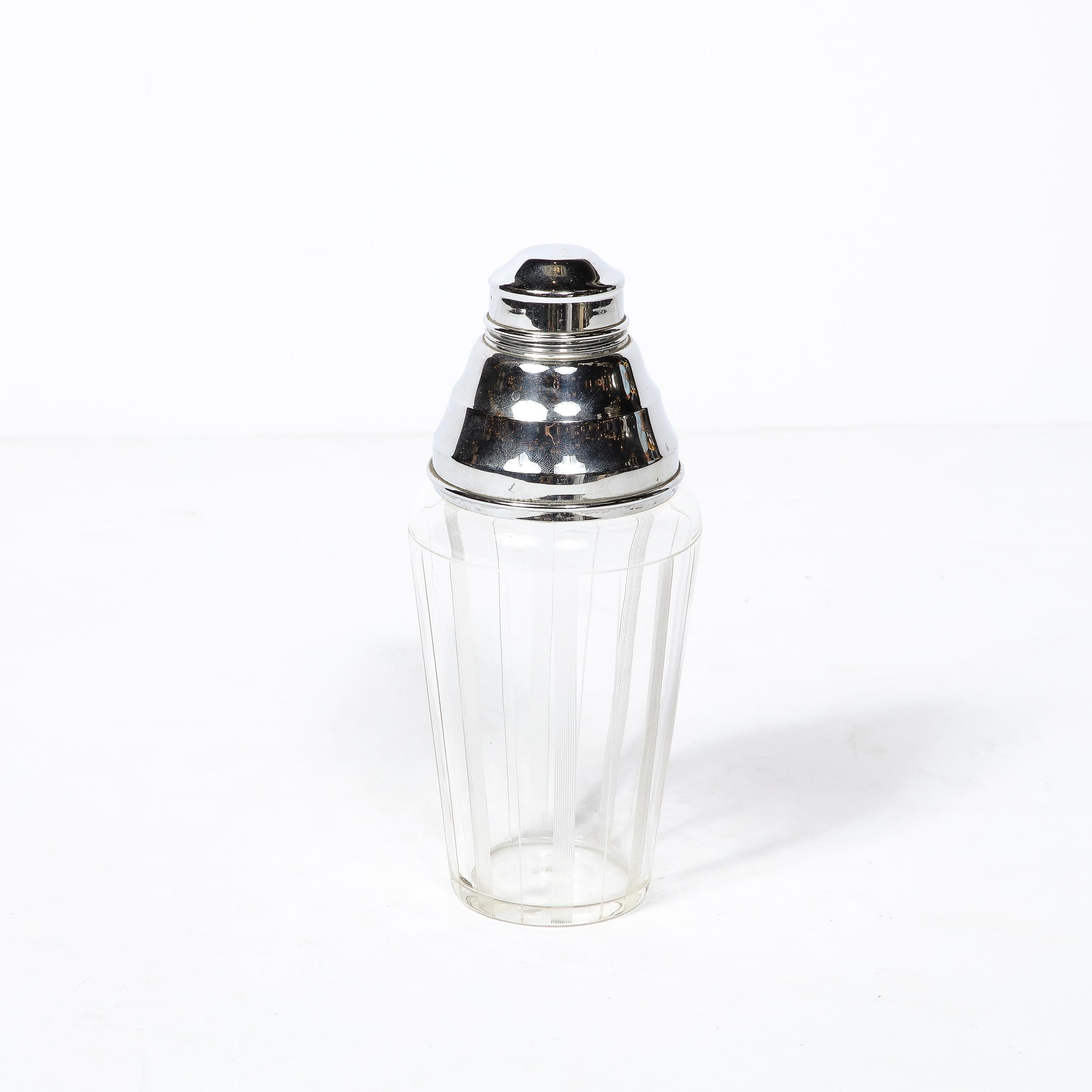 Art Deco Cocktail Shaker in Chrome & Glass with Vertically Etched  Detailing  For Sale 4