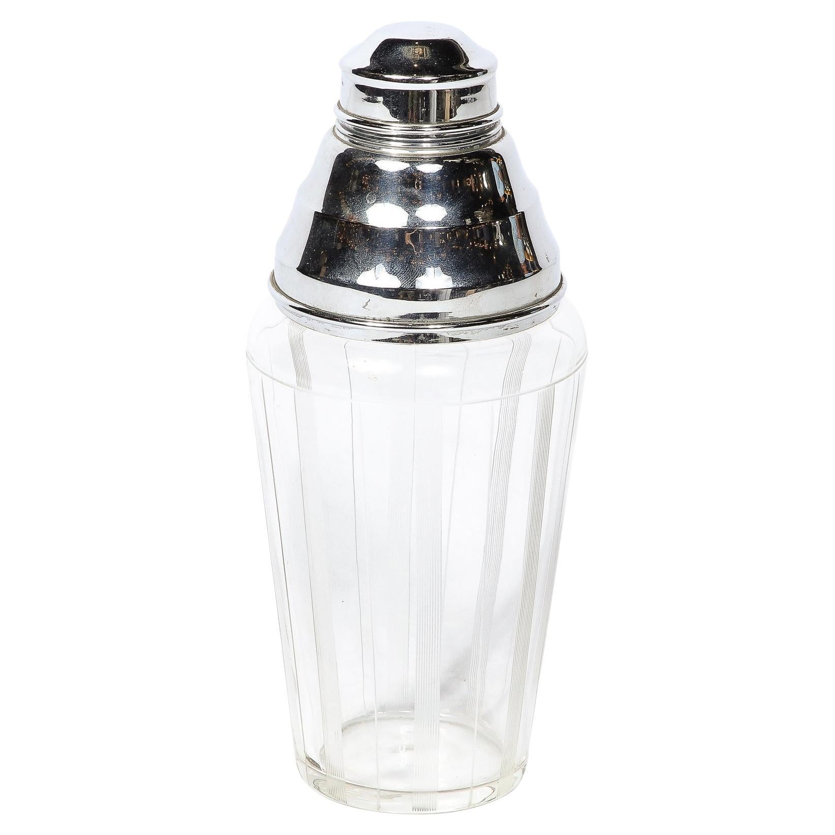 Art Deco Cocktail Shaker in Chrome & Glass with Vertically Etched  Detailing 