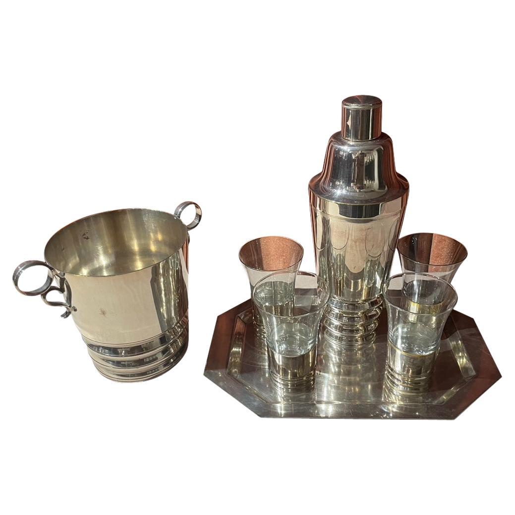 Art Deco Cocktail Shaker Matching Glasses and Ice Bucket Silver Plate
