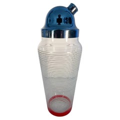Art Deco Cocktail Shaker of Clear Glass W/White Pinstripes over a Red Foot Band