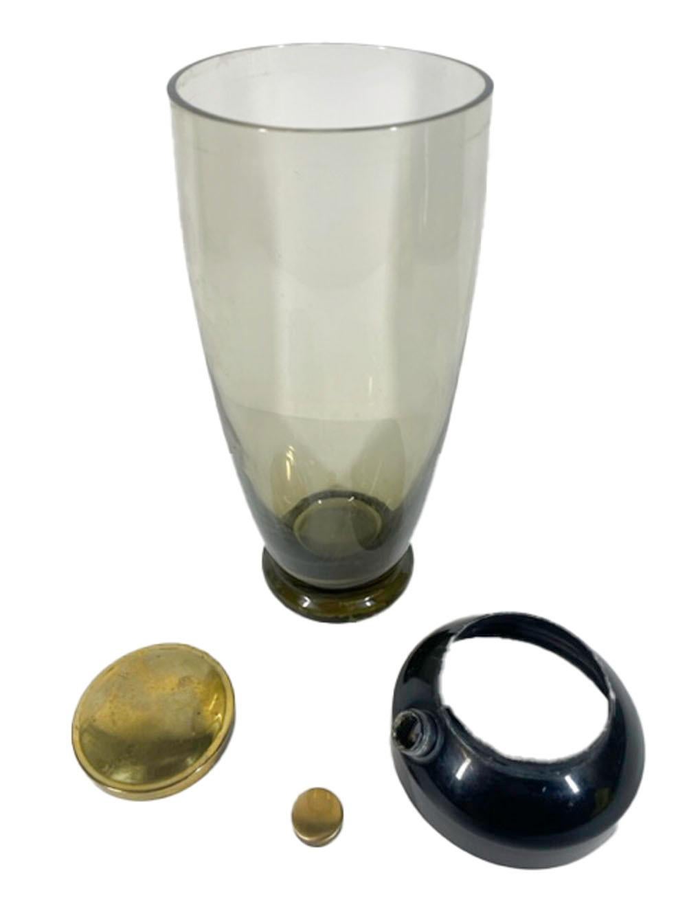 American Art Deco Cocktail Shaker, Pale Olive Glass, Black Enameled Lid w/Brass Caps For Sale