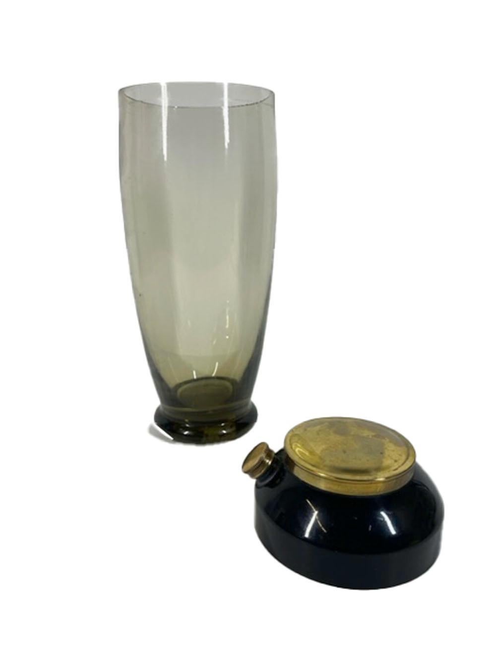 Art Deco Cocktail Shaker, Pale Olive Glass, Black Enameled Lid w/Brass Caps In Good Condition For Sale In Nantucket, MA