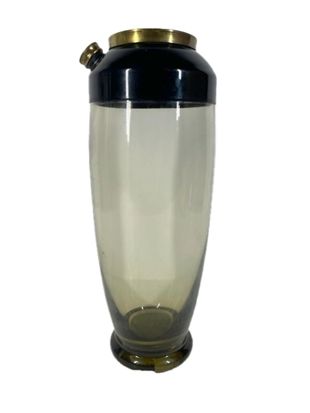 20th Century Art Deco Cocktail Shaker, Pale Olive Glass, Black Enameled Lid w/Brass Caps For Sale