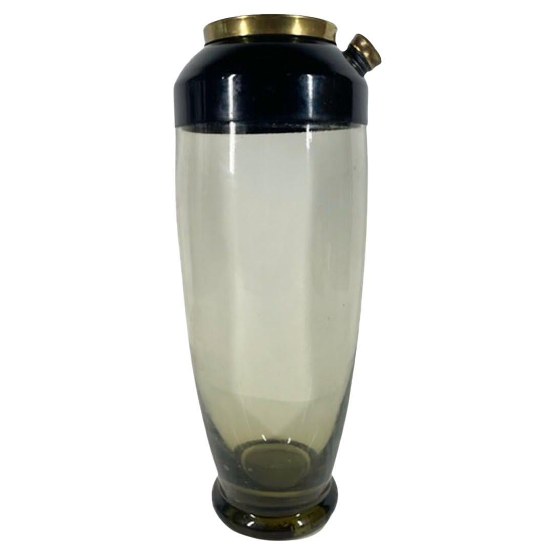 Art Deco Cocktail Shaker, Pale Olive Glass, Black Enameled Lid w/Brass Caps For Sale