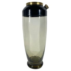 Art Deco Cocktail Shaker, Pale Olive Glass, Black Enameled Lid w/Brass Caps